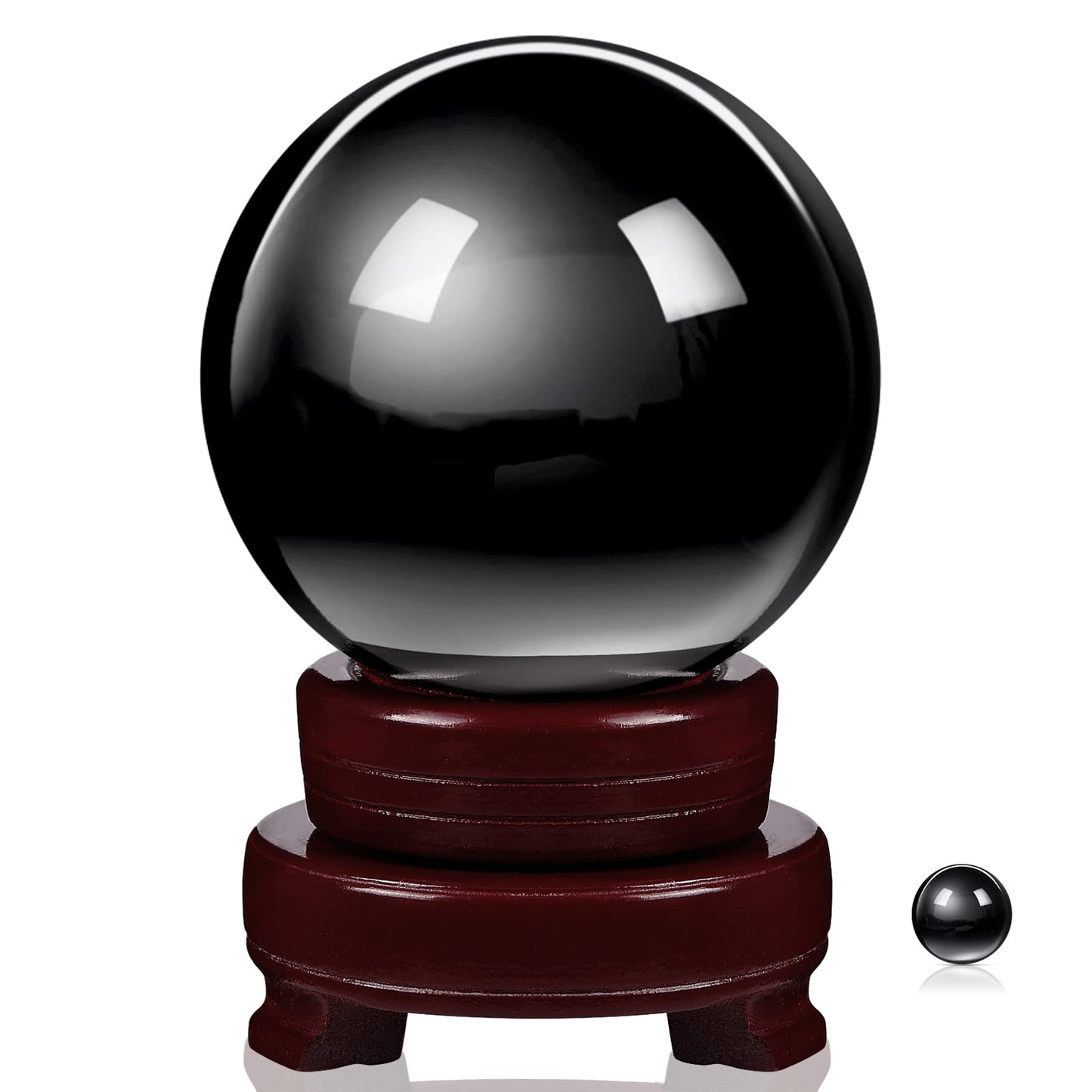 CHENGU 2 Pieces Obsidian Crystal Ball Set with Wooden Stand 80 mm and 20 mm Clear Crystal Ball Decorative Obsidian Sphere for Home Decorations Meditation Healing Witchcraft(Black)
