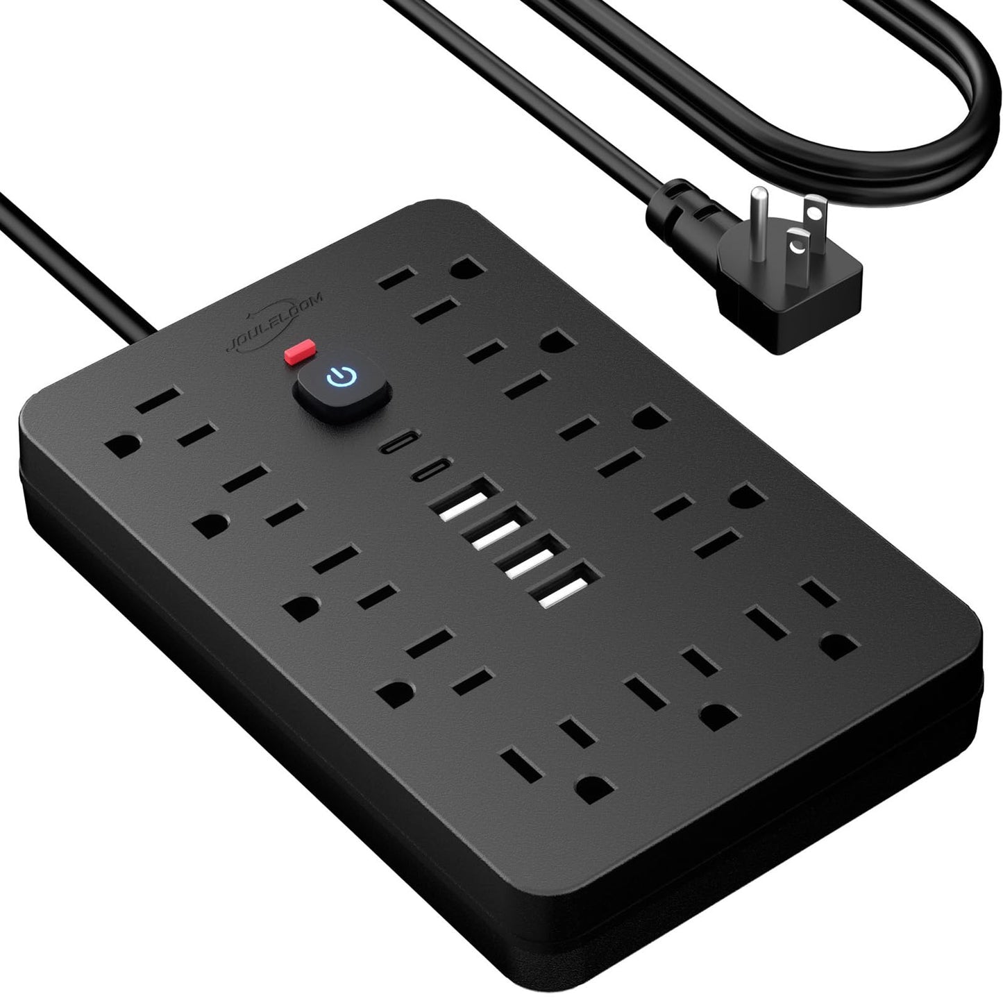 6 FT Flat Plug Surge Protector Power Strip,11 Multiple AC Outlets with 6 USB Ports (2 USB C), 6 Feet Extension Cord, 1250W/10A, One Touch Switch Button, 17 in 1 Compact powerstrip