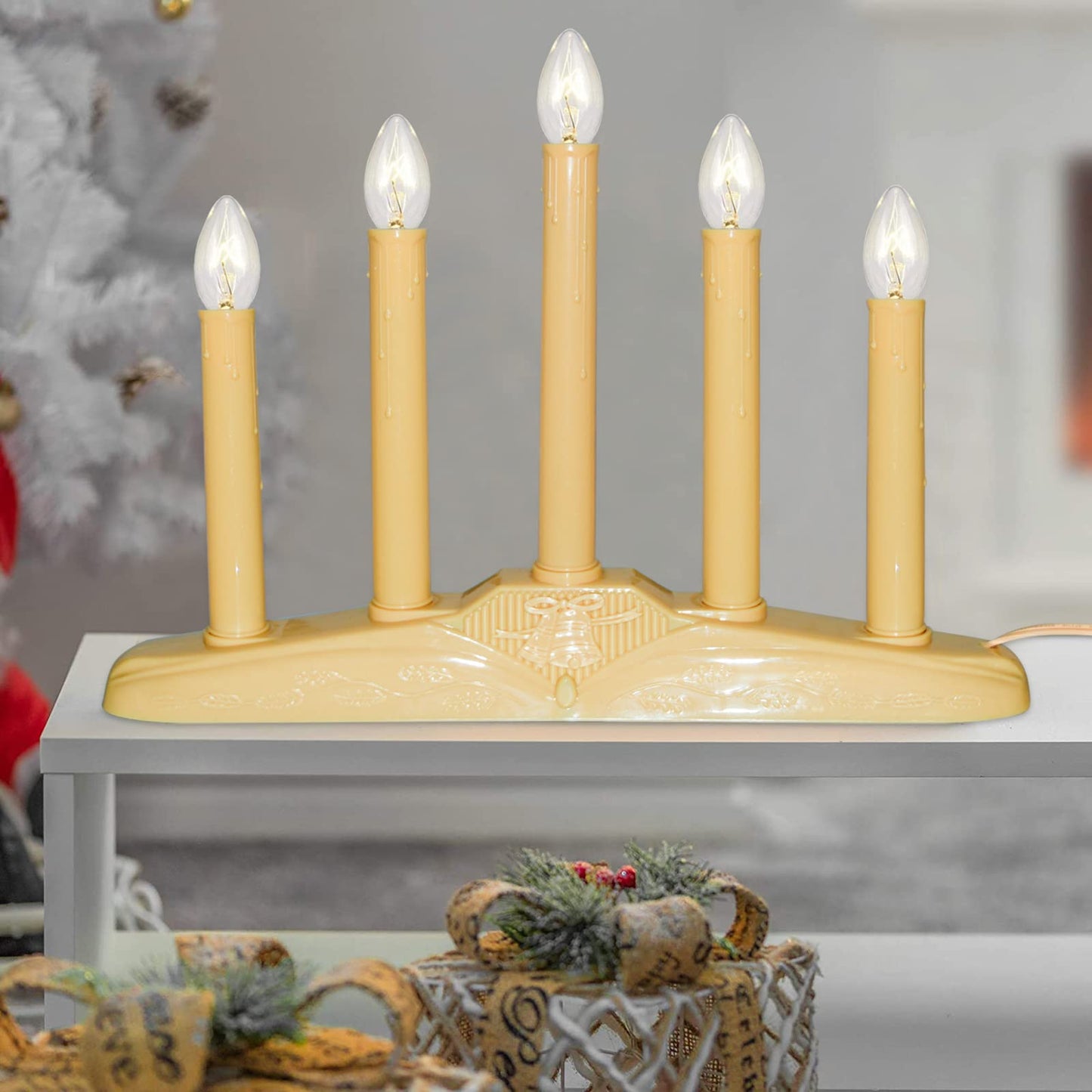 Oviejo 5 Light Window Candle Electric, Christmas Electric Candoliers with Ivory Plastic, Plug in Electric Window Candle Lamp with 6 Clear C7 Bulb (1 Spare Bulb), 5 Watt, Flameless Window Candles