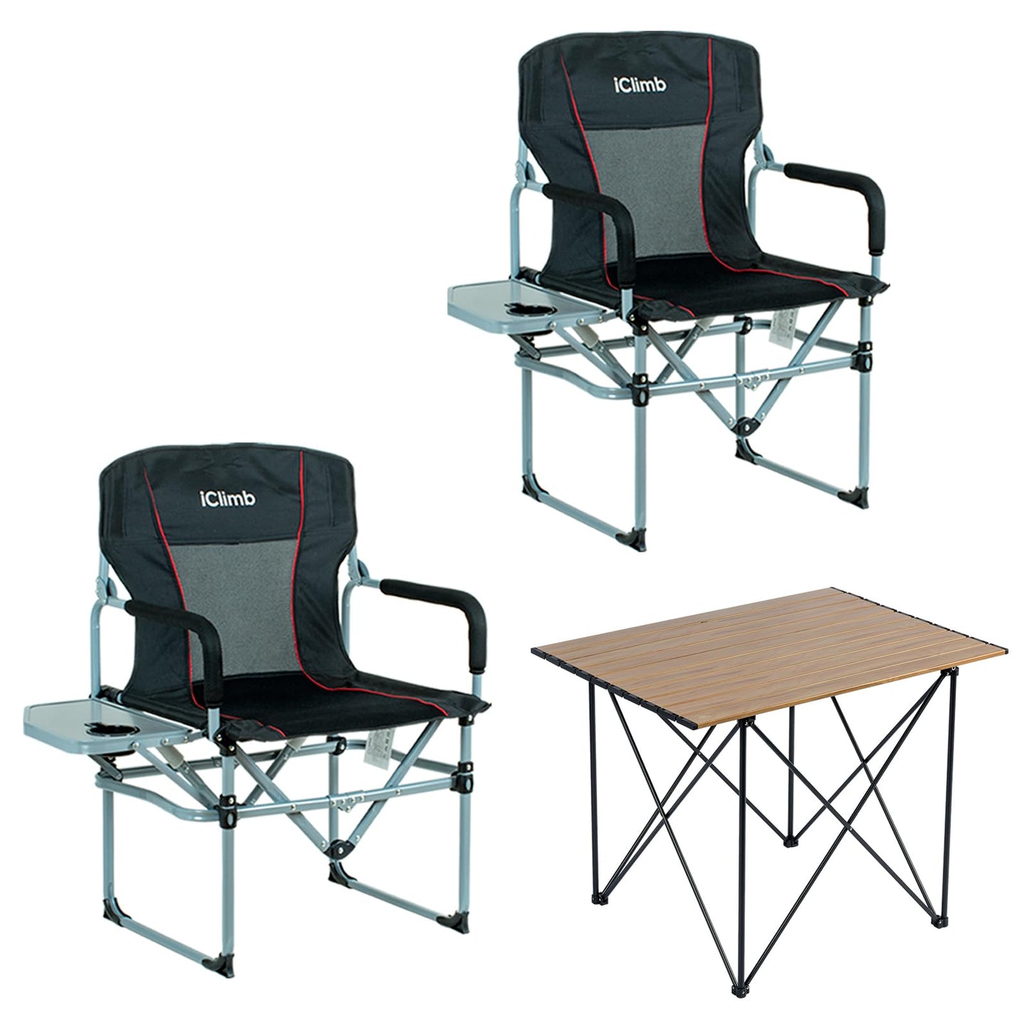 iClimb 1 Light Folding Table and 2 Heavy Duty Compact Folding Chair Bundle for Adults Outdoor Camping Glamping Beach Concert