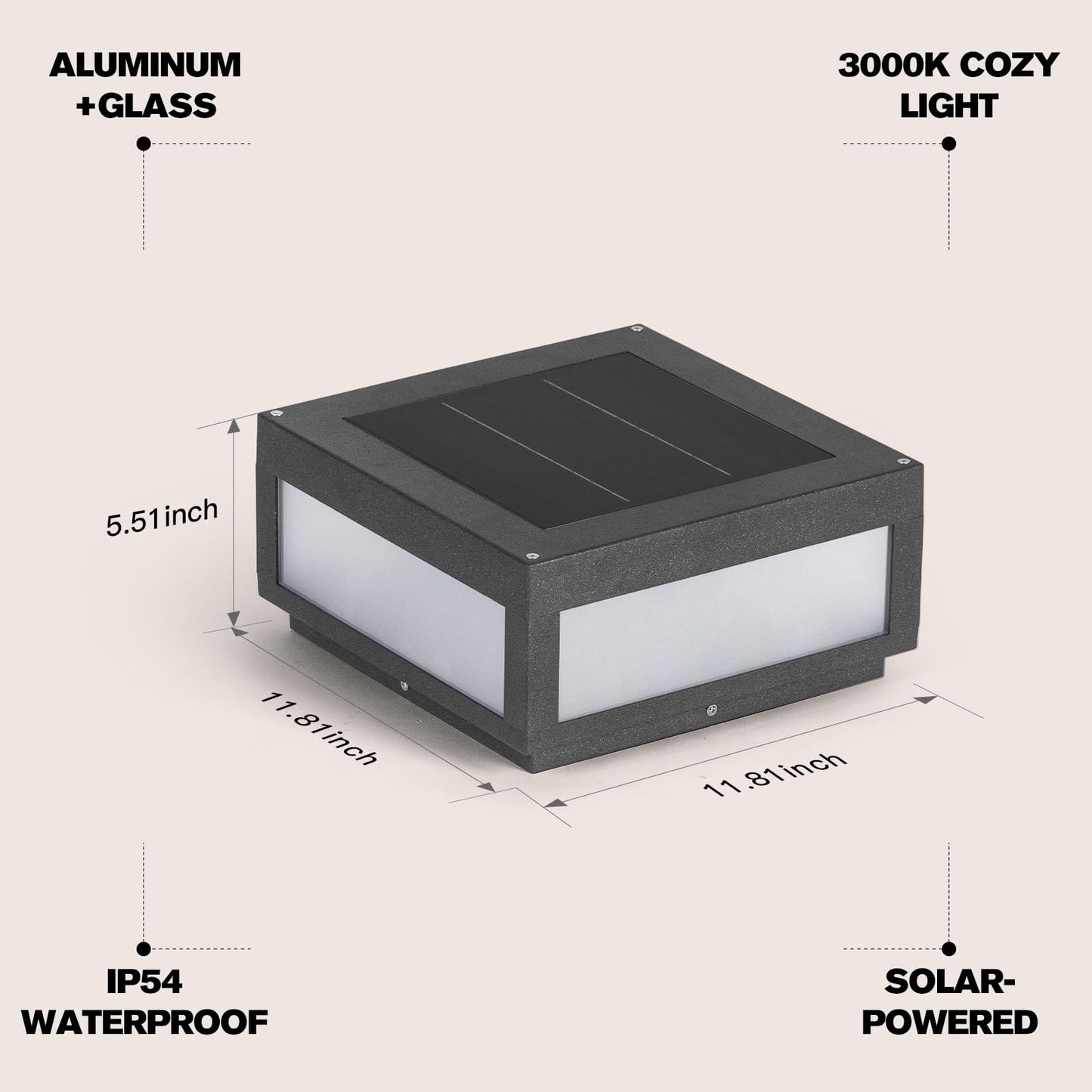 Smplhavn 11.81" Solar Post Lights Glass, 3000K LED Outdoor Lamp Post Light, IP54 Waterproof Solar Pillar Lights Outdoor, Dusk to Dawn Column Lighting for Posts Fence Outside Entrance Yard Driveway