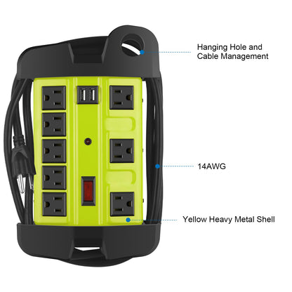 Heavy Duty Power Strip with USB, Workshop 8 Outlet Surge Protector 2700 Joules, Industrial Metal 15Amp Power Strip, 6FT Extension Cord and Wide Spaced. Yellow
