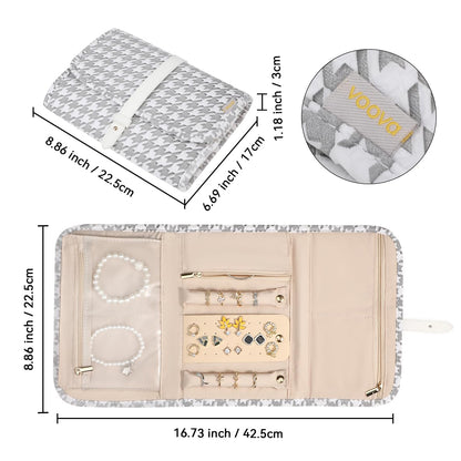 Voova Travel Jewelry Holder Organizer Case, Large Jewelry Storage Bag for Women Girls, Foldable Traveling Jewellery Pouch Roll for Necklaces Rings Earrings Bracelets, Grey+White