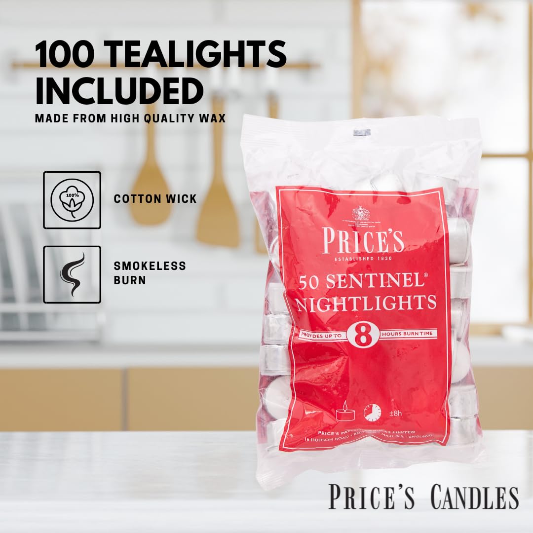 Price's Candles 100 Pack Sentinel Range 8 Hour Tealights Bags | Perfect Long Burning Tea Lights for Home, Catering or General Use | 100 Standard Size Long Burning Tea Lights