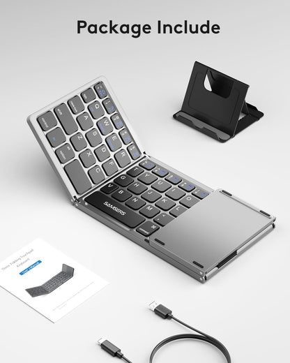 Samsers Foldable Bluetooth Keyboard with Touchpad - Portable Wireless Keyboard with Holder, Rechargeable Full Size Ultra Slim Pocket Folding Keyboards for Android Windows iOS Tablet & Laptop - Black