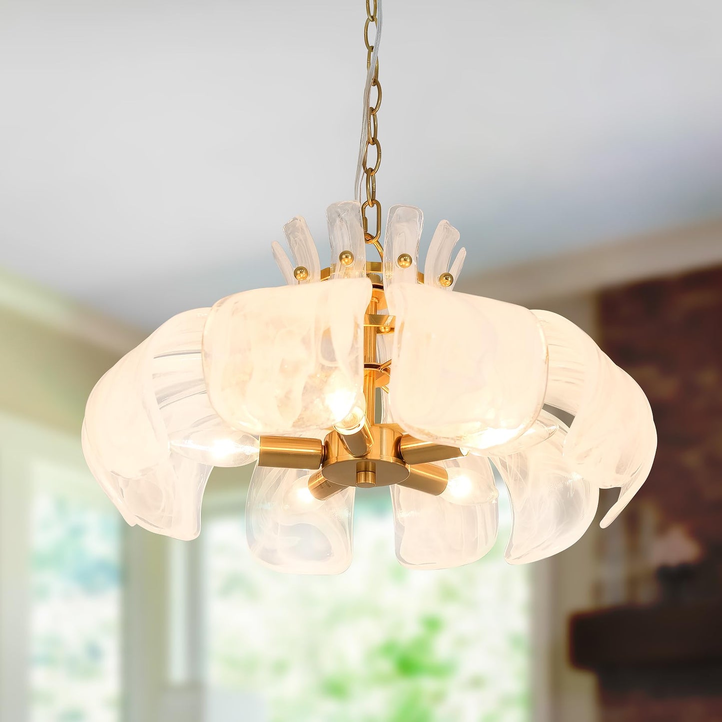 Wrlmfy Hammered Alabaster Glass Chandelier, 18" Hand-Blown Glass Pendant Brass Gold Hanging Lighting Fixture for Kitchen Island Dining Living Room Entryway, E12 Base (Gold & White Hammered Glass)
