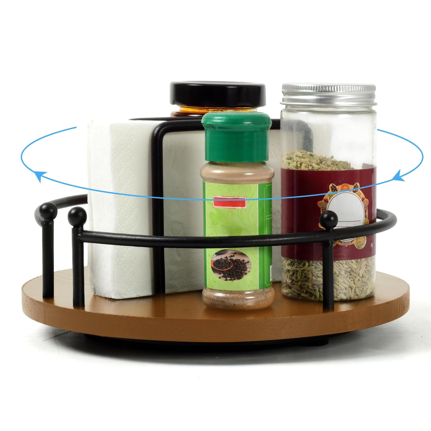 OCMML Napkin Holder for Table,360° Rotating Lazy Susan Turntable Organizer for Cabinet,9 inches Kitchen Table Decor&Counter Tray Can Hold Salt and Pepper Shakers (Walnut Brown)