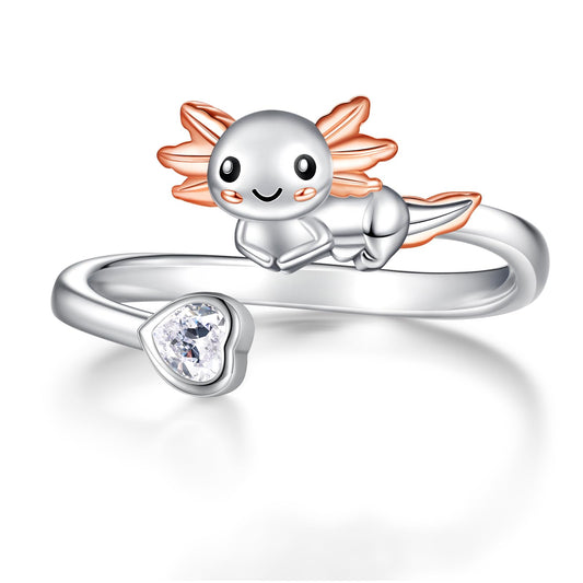 Zepmais 925 Sterling Silver Animal Ring - Adjustable Open Owl Axolotl Rings with Heart Cubic Zirconia Opal Cute Animals Jewelry Gifts for Women (Axolotl Ring)