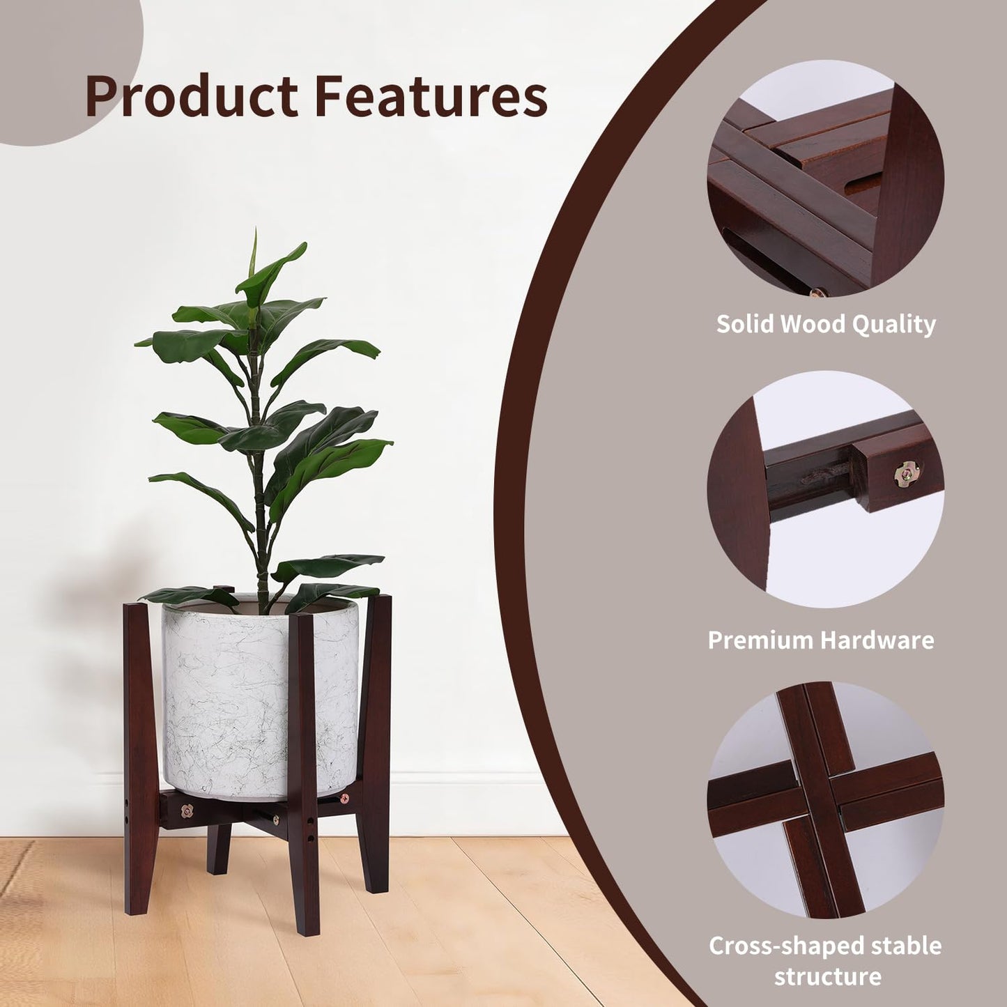 PHOARTS Wooden Adjustable Plant Stand, Mid Century Modern Metal Plant Holder for Indoor & Outdoor, Fits 8 to 15 Inch Planters Pots,Heavy Duty Flower Pot Stand for Living Room, Corner, Patio (Black,Not with pot)