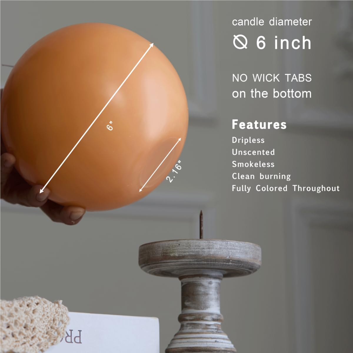 MOZEAL Hand-Poured, 6 Inch Peach Fuzz Large Round Ball Candles - Elegant Peach Fuzz Round Pillar Candles, Dripless, Unscented, Smokeless, Ideal for Summer Parties.