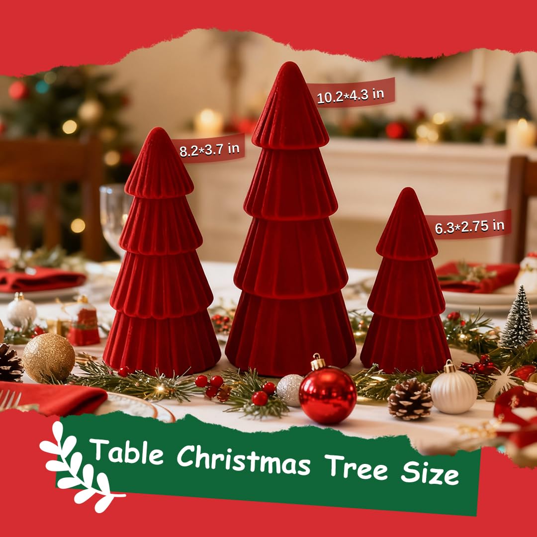 Joyhalo Tabletop Christmas Trees, Set of 3 Velvet Christmas Trees Indoor Xmas Decoration Centerpieces for Table, Mantel, Holiday, Party and Home Decor, Red