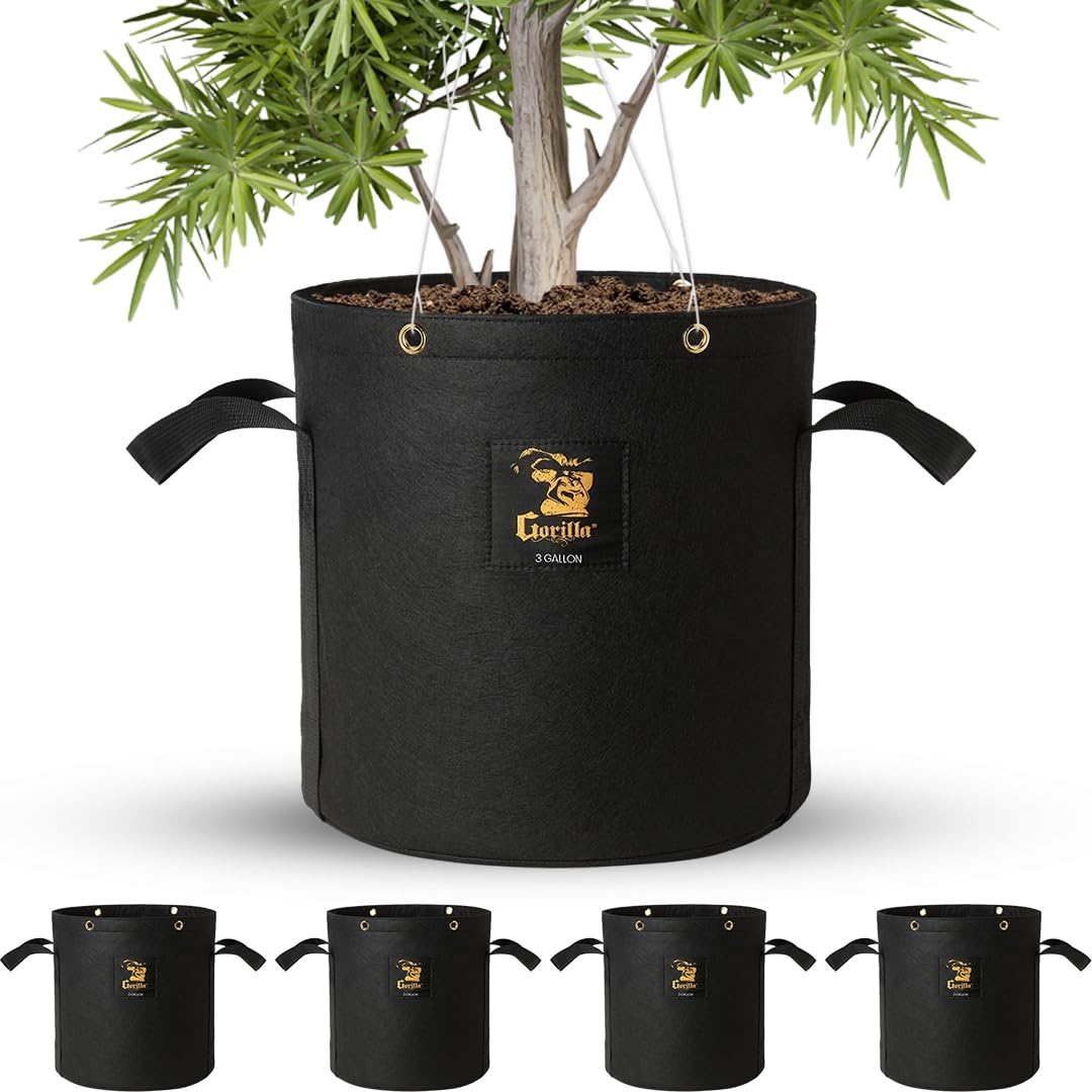 Gorilla 3 Gallon Grow Bags with Reinforced Handles – Thickest 600g, Breathable, BPA-Free Fabric Pot for Garden or Outdoor Planter Use, Promotes Root Health & Drainage – 4-Pack