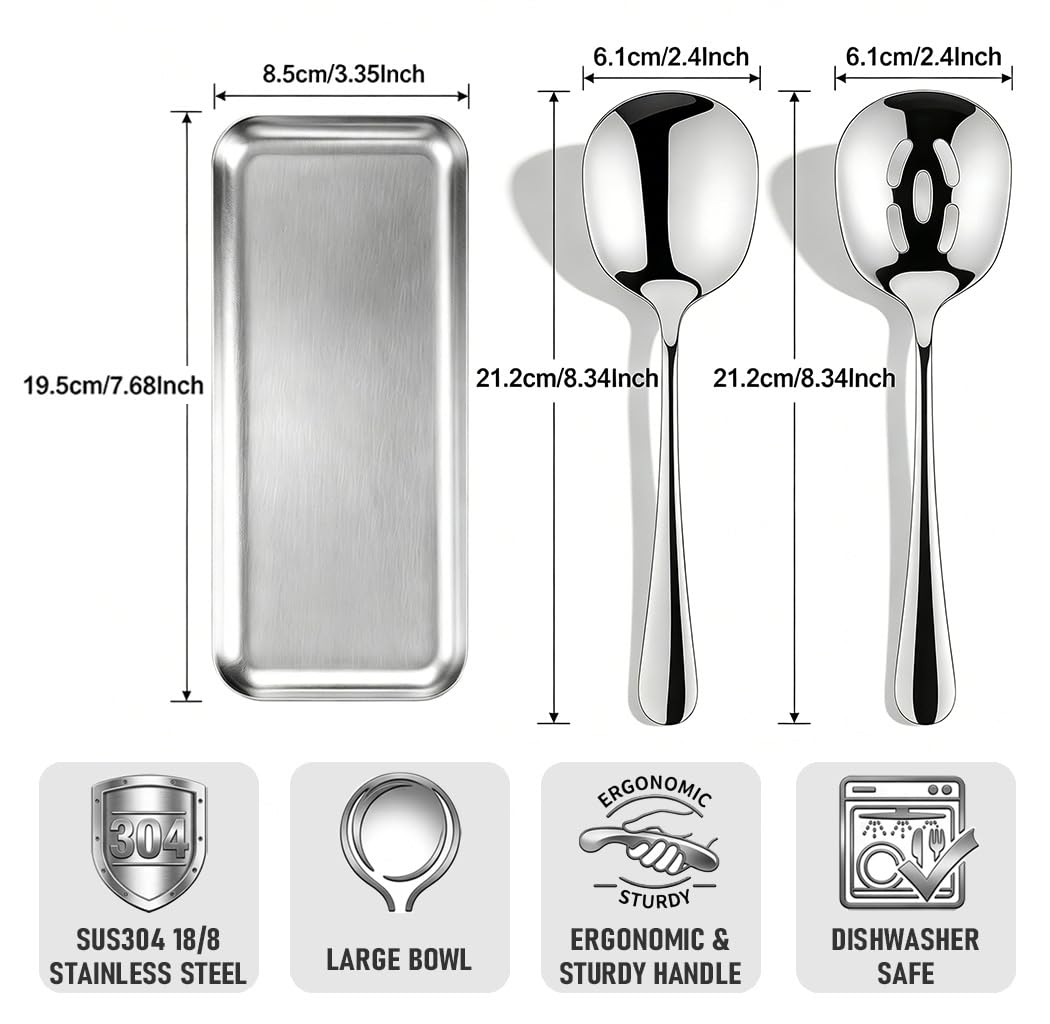 4-Piece Serving Spoons Set with 2 Spoon Rests, 18/8 Stainless Steel, 2 Slotted & 2 Solid Serving Spoons, Heavy Duty 304 Tableware for Buffet, Banquet & Kitchen Use