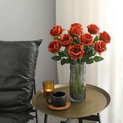 Veryhome 10 Pcs Artificial Roses Silk Flowers Fake Single Stem Rose Bud Bridal Bouqets For Wedding Home Birthday Party Arrangment Garden Decoration (Burnt Orange)