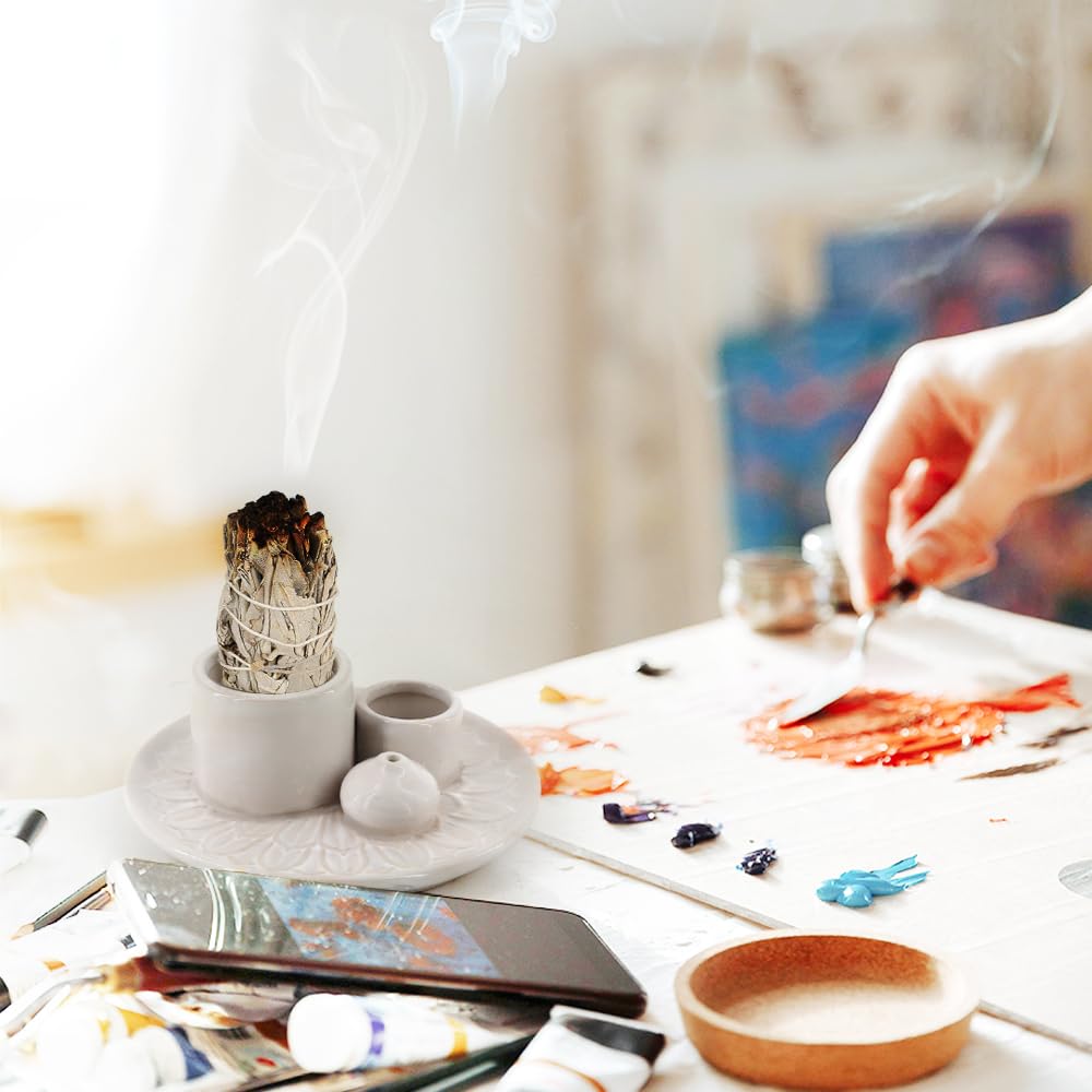 4 in 1 Ceramic Incense Holder, Palo Santo Stick Holder, Sage Holder for Burning, 5.2" Ash Catcher Tray for Meditation, Yoga & Home Decor (White)