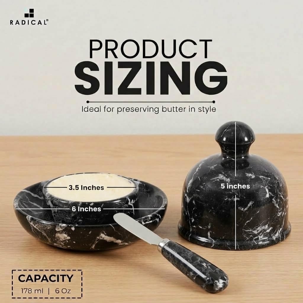 Radicaln Marble Butter Dish With Lid For Countertop 6" Inches Black Zebra Handmade Butter Spreader For Kitchen Accessories, Ideal Butter Crock for Butter & French Butter Holder