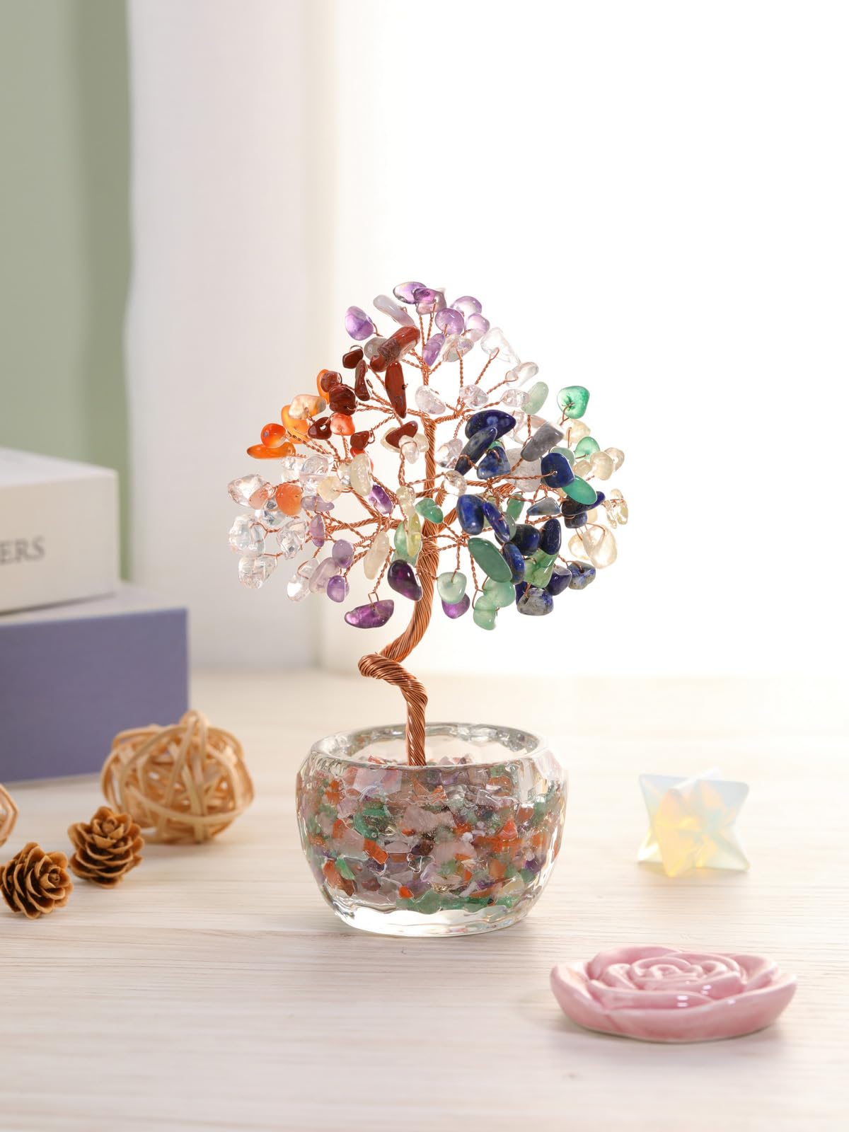 MANIFO 7 Chakra Crystal Tree Stones Tree with Glass Base Gemstone Trees for Positive Energy Office Decor Fengshui Tree Gift