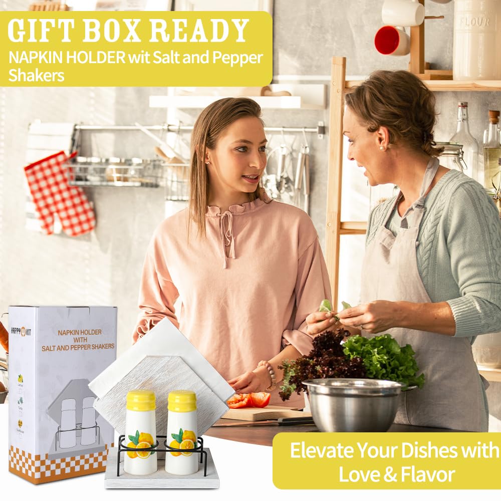 Rustic Farmhouse Napkin Holder Set - Natural Wood Kitchen Organizer with Lemon 2 Salt & Pepper Shakers for Countryside Dining & Minimalist Home Decor (Gift Ready)
