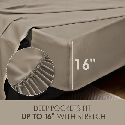 ClevaHome Sheets Queen Bed Sheet Set, 100% Rayon derived from Bamboo, Luxuriously Soft, Cooling, Double Stitching, 16" Deep Pockets Imported (Queen, Taupe)