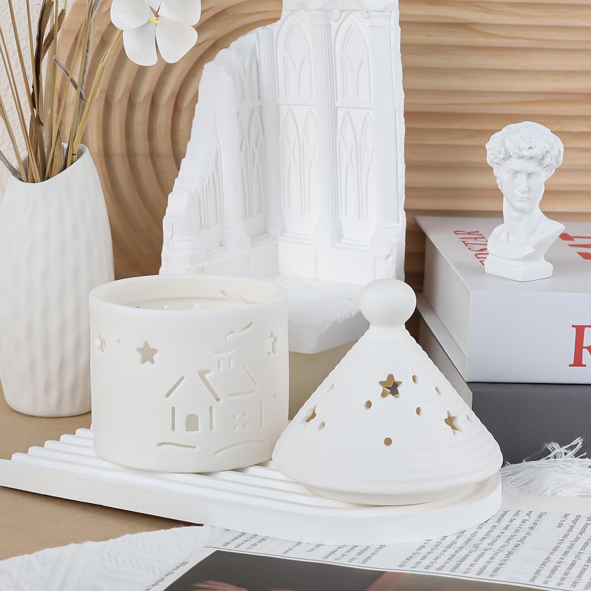 Ceramic House Christmas Decoration Tealight Holder Handmade Candle Holder Matt White for Mantel Windows Decoration