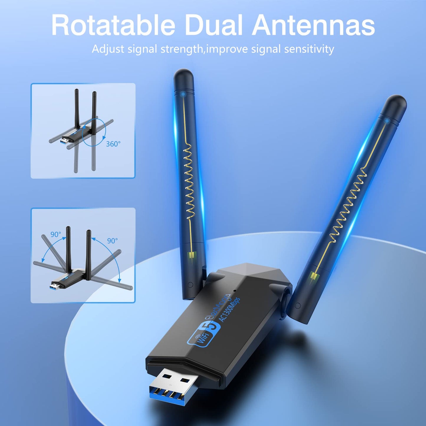 ElecMoga 5dBi Dual Band 5GHz USB Wifi Computer Adapter, 1300Mbps, Supports Windows 11/10/8/7/Vista/XP, Mac OS 10.9-10.15
