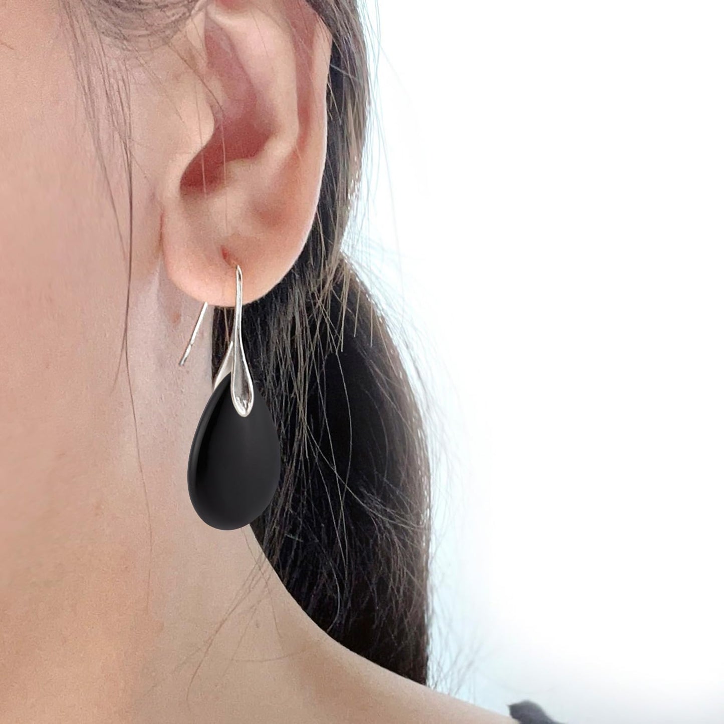SELOVO Black Agate Stone Teardrop Fishhook Dangle Drop Earrings Silver Tone