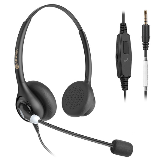 Arama Cell Phone Headset w/Lightweight Secure-Fit Headband, Pro Noise Canceling Mic and in-line Controls, 3.5mm Wired Headphones for iPhone, Samsung, LG, HTC, BlackBerry Mobile Phone and iPad Tablet