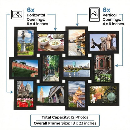 MELANNCO Collage Picture Frame for Wall, Holds 12 Photos - Six 4x6 and Six 6x4 Images, 18x23 Inch Black Plastic Frame, Hang Horizontal or Vertical, Gallery Wall Decor