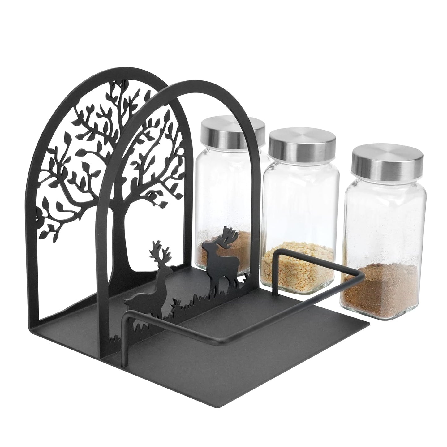 FHUIEWRY Napkin Holder for Table, Napkin Dispenser with 3pcs Salt Pepper Shakers Tree & Deer Design Metal Serviette Holder Basket, Standing Paper Napkin Storage for Kitchen Dining Table Decor, Black