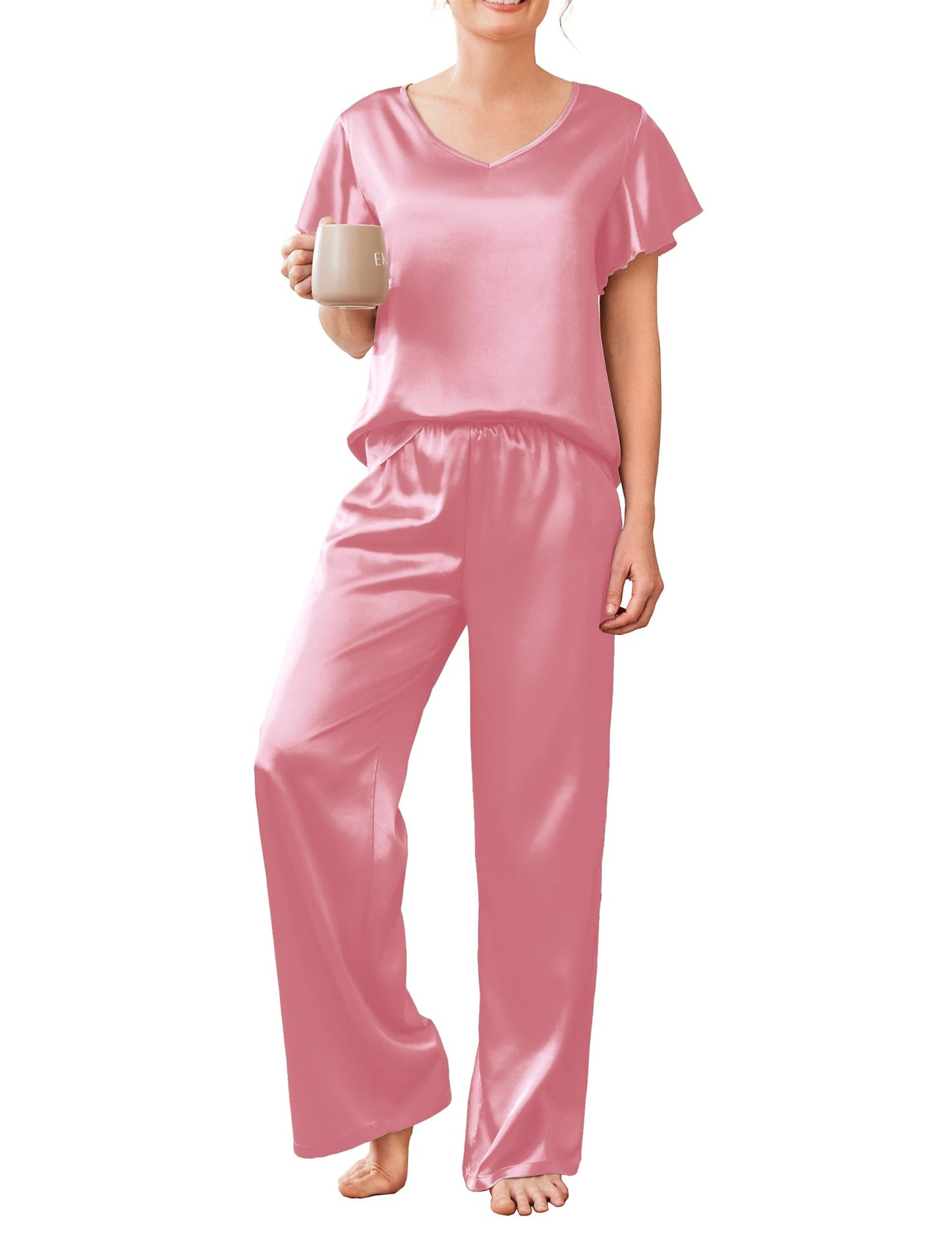 Ekouaer Women's Satin Silky Pajama Set 2 Piece Short Sleeve Shirt with Long Pants Pjs Sets Soft PJ Loungewear S-XXL