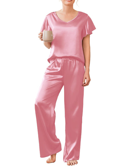 Ekouaer Women's Satin Silky Pajama Set 2 Piece Short Sleeve Shirt with Long Pants Pjs Sets Soft PJ Loungewear S-XXL