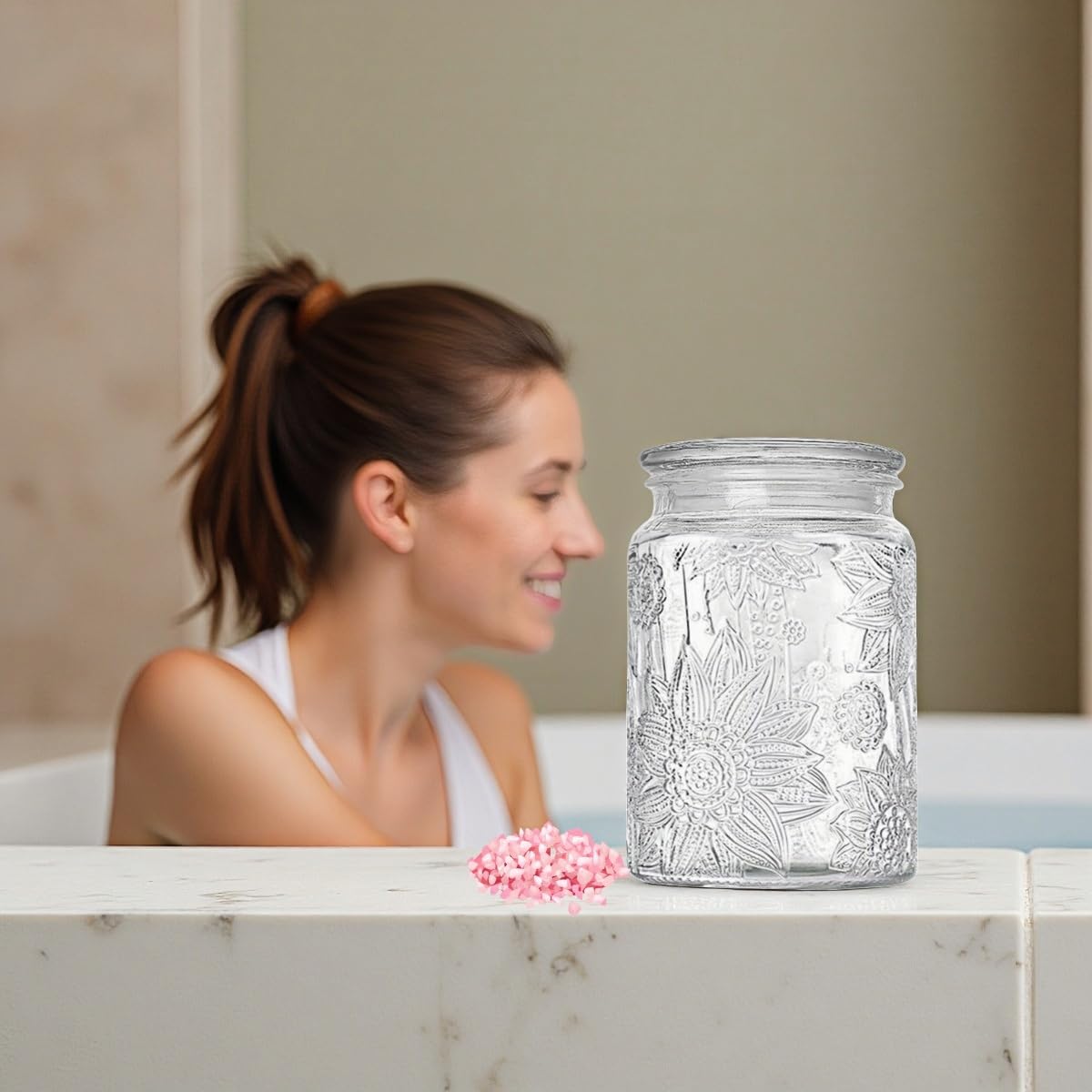 Glass Bath Salt Jar with Wooden Scoop, 23.7oz Bath Salt Container with Lid, Coffee Grounds Container, Coffee Canister