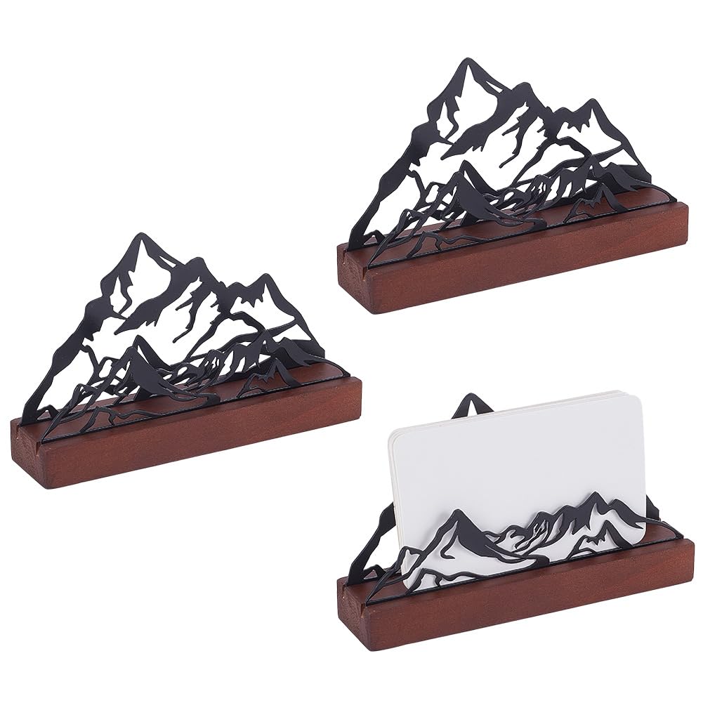 UNICRAFTALE 3Set Mountain Business Cards Holder Black Desktop Card Display Stand Holders Iron with Pine Wood Cards Stands 3x12.3x7.6cm Professional Card Organizer for Office Home