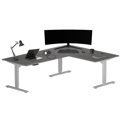 Progressive Desk Electric Stand Up Height Adjustable Standing Desk - L Shaped 78" x 60" Corner Table Computer Rising Workstation - Gray Frame, Gray Oak