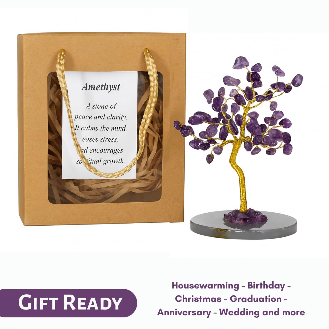 Real Crystal Tree of Life, Purple Amethyst Bonsai Money Tree with Agate Base, Spiritual Gemstone Feng Shui Decor with Gold Wire, Housewarming Birthday Gift (Amethyst (Purple))