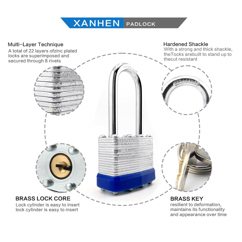 Lock Outdoor Padlocks, Key Lock, Padlocks with Same Key - Laminated Steel Keyed Padlocks with Long Shackle, 6 Pack, for Hasp Latch, Sheds, Fences, Storage Locker, School, Gym
