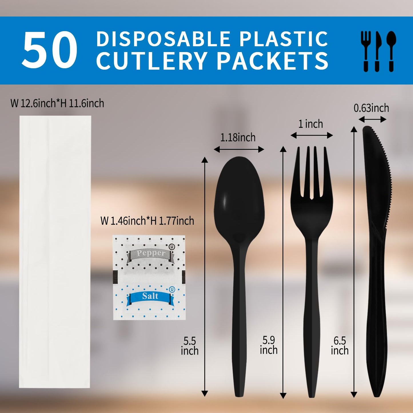50Pack Plastic Cutlery Packets, Knife Fork Spoon Napkin Salt Pepper Sets, Individually Wrapped Black Plastic Cutlery Packets for Delivery, Cafeterias, Restaurants