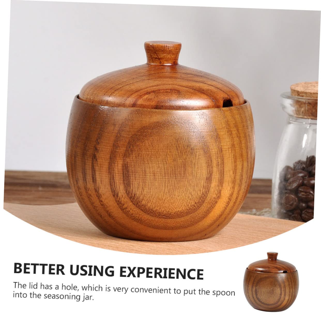 Zerodeko Wooden Seasoning Box with Lid and Spoon Solid Wood Condiment Pot Kitchen Seasoning Holder for Salt Sugar Spices 3.54X3.54X2.51In