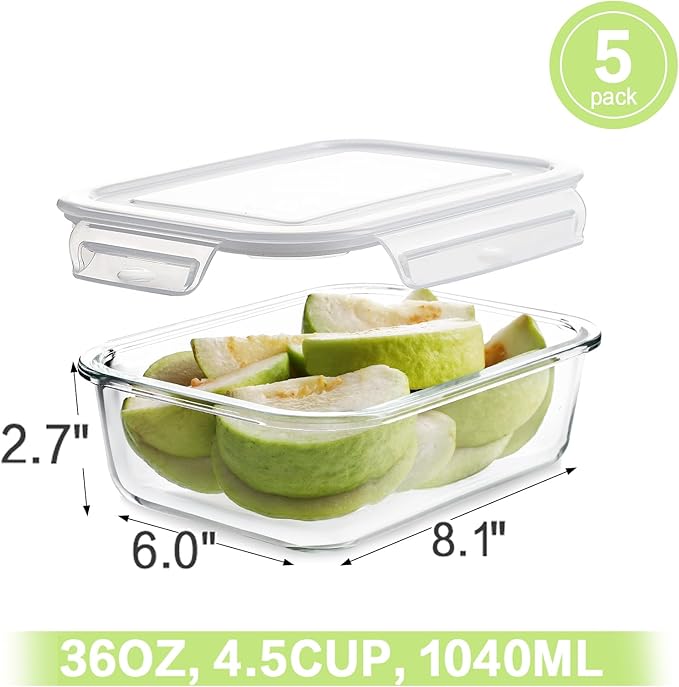 HOMBERKING Large Glass Meal Prep Containers, 5 Sets 35oz | 4.5cups, Food Storage