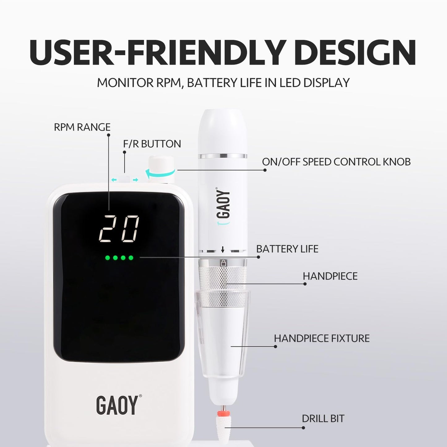 GAOY Rechargeable Cordless Nail Drill for Beginners, Electric Nail File with 12 Drill Bits and Sanding Band Set for Acrylic and Gel, Pink