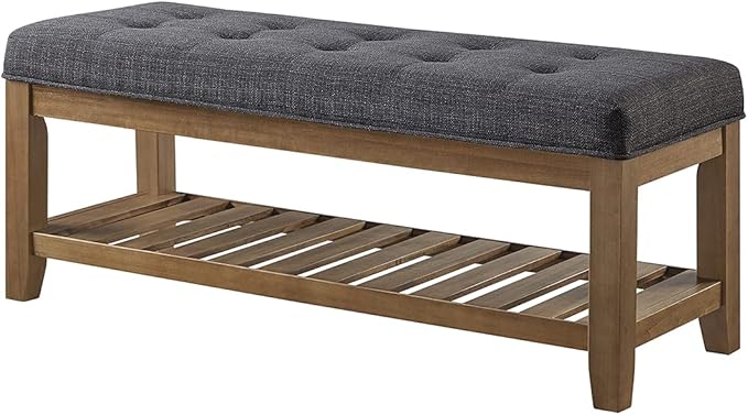 24KF Large Rectangular Upholstered Tufted Linen Fabric Ottoman Bench, Padded