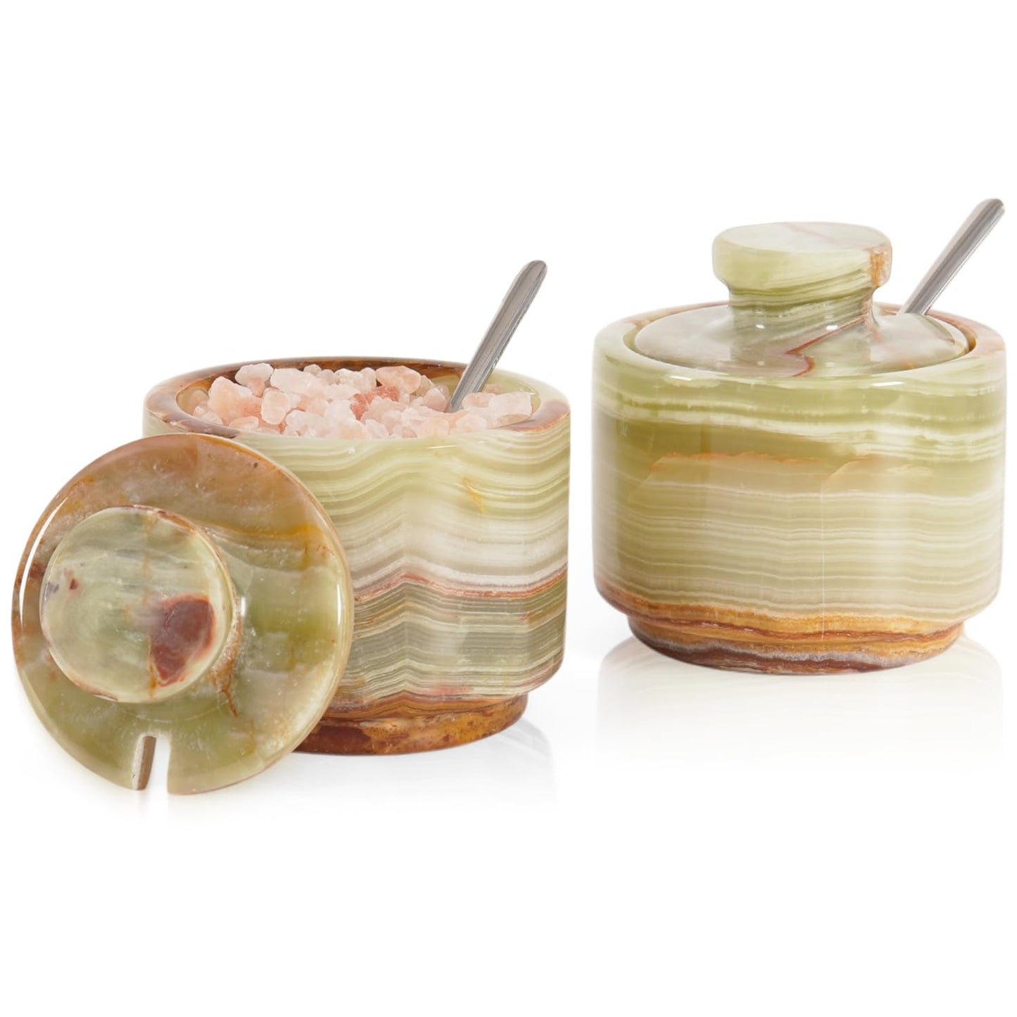 MARBLOUS KRAFTS Marble Salt Cellar with Lid and Spoon 3" Inch Green Stone Salt Dish for Kitchen Countertop Storage, Small Set of 2 Seasoning Containers, Spice Jars, Sugar Bowl