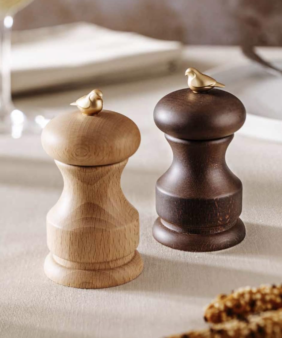 Bisetti Bird Walnut Stained Beechwood Salt Mill With Adjustable Ceramic Grinder, 11 cm / 4.33 Inch, Made in Italy