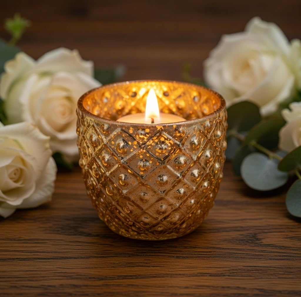 Hosley Set of 6 Antique Gold Speckled Metallic Glass LED Votive Tealight Candle Holder 2.75 Inches Ideal for Bridal Weddings Parties Special Events Spa Aromatherapy Mini Flower Pots O3