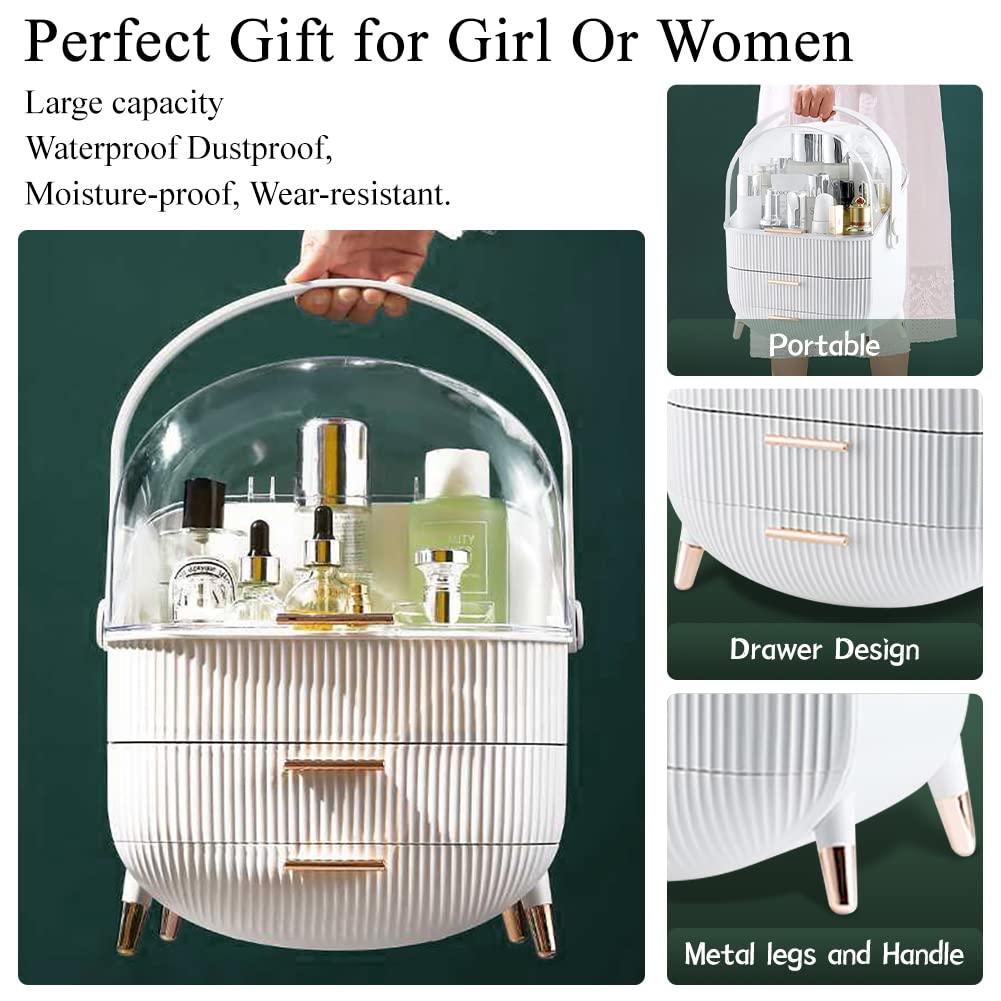 Multi-Function Make Up Case Dustproof Cosmetic Storage Box, Organizer Skin Care Products Jewelry Organizer Finishing Box for Bedroom Bathroom Desktop (White)