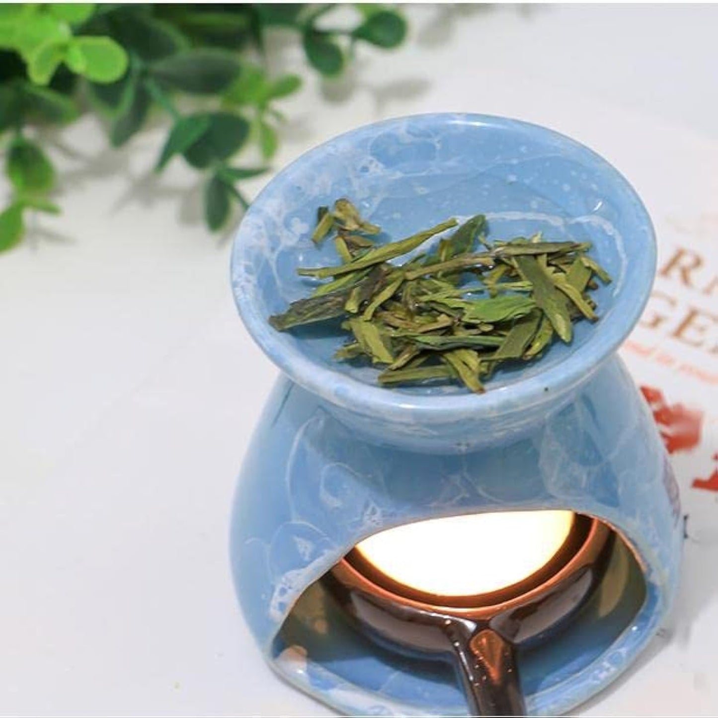 Warmself Blue Ceramic Essential Oil Burner Tealight Candle Holder Decorative Aroma Diffuser