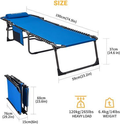 KingCamp Reclining Lounger Chair Camping Cots, 74.8" x 23.2" x 13.3", Blue
