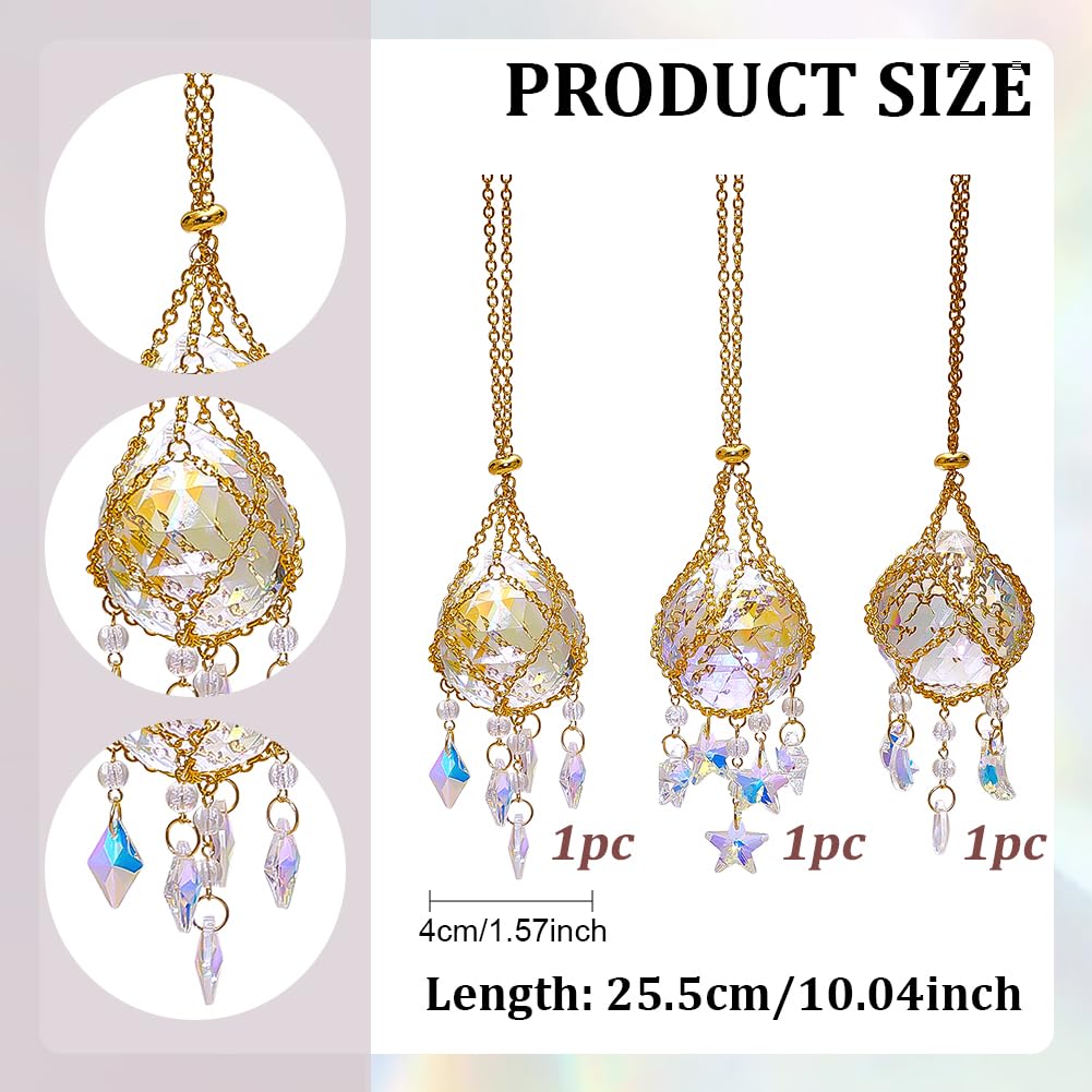 CRAFTYMELODY 3pcs Crystal Ball Prism Suncatchers Hanging Golden Rainbow Maker Window Hang Sun Catcher Pendant with Crystals Star Chain 28.8mm for Indoor Home Garden Wedding Decor DIY Crafts Jewelry