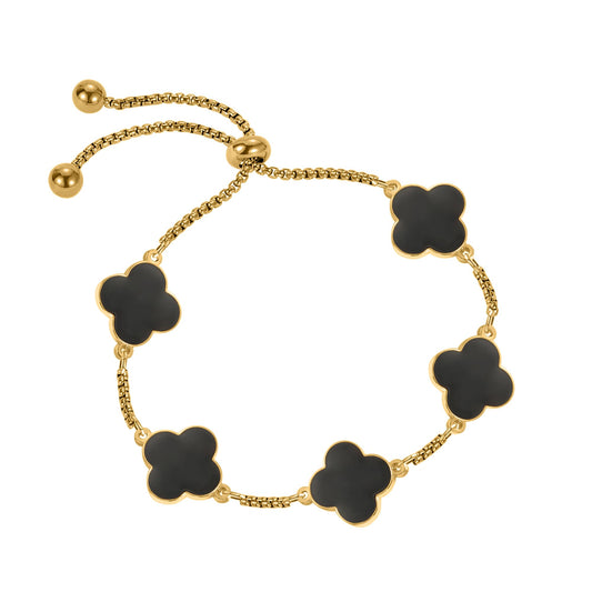 Dascus 18K Gold Plated Clover Lucky Bracelet for Women White/Black/Gold Flower Four Leaf Link Bracelets Trendy Jewelry Gifts for Women (Black)