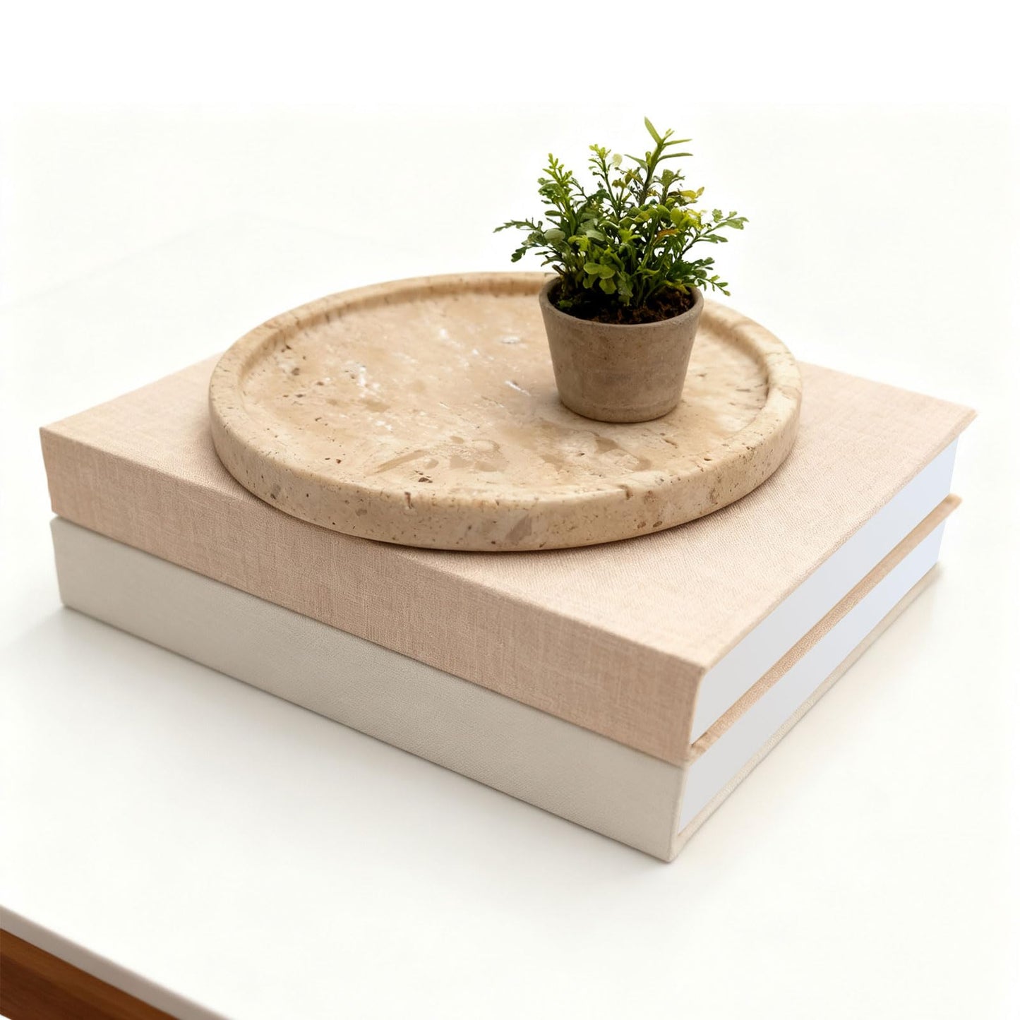 Decorative Books with Natural Travertine Marble Tray – Linen Covered Fake Books & Unique Yellow Stone Serving Tray 8" – Coffee Table Dining Entryway Shelf Decor for Living Room, Perfume, Plant